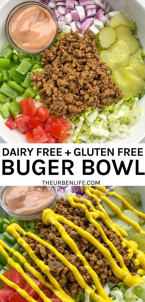 Beef Dairy Free Recipes, Leftover Ground Beef Recipes Healthy, Ground Beef Dairy Free, Eoe Diet, Pickles Tomatoes, Loaded Burger Bowls, Gf Lunch, Gluten Free Dairy Free Recipes Dinner, Loaded Burger