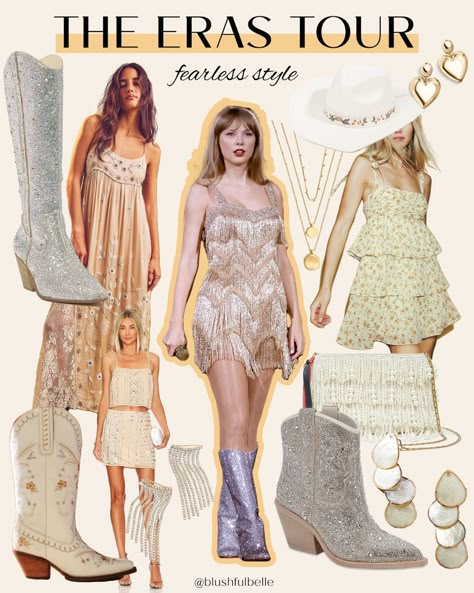 Outfit inspiration for the Fearless Era 🤍 Taylor Swift The Eras Tour outfit ideas. Concert outfits, taylor swift songs, taylor swift outfit ideas Enchanted Taylor Swift Outfit Ideas, Fearless Era Aesthetic Outfits, Taylor Swift Fearless Outfits Eras Tour, Era Tour Outfits Fearless, Taylor Swift Concert Outfit Ideas Fearless Era, Ts Fearless Outfit, Taylor Swift Inspired Outfits Debut, Taylor Fearless Outfits, Outfits Inspired By Taylor Swift Songs