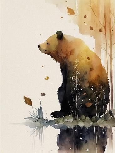 size: 12x9in Art Print: Brown Bear by Lana Kristiansen : Whimsical Bear Illustration, Whimsical Animals Art, Abstract Bear Art, Whimsical Bear Art, Black Bear Watercolor, Brown Bear Drawing, Bear Acrylic Painting, Bear Illustration Art, Bear Line Art