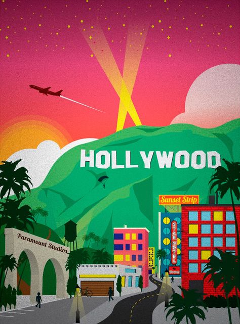 Hollywood Sign Illustration, Hollywood Illustration, Hollywood Travel, Usa Illustration, Tumblr Travel, Hollywood Poster, Hollywood Art, Travel Poster Design, Hollywood Sign