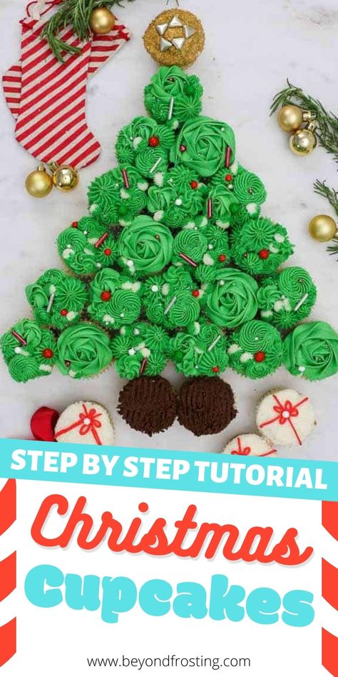 You'll love this step-by-step tutorial for how to create an Epic Christmas Cupcake Tree. Pull apart cupcake cakes are great for parties and much easier than make a cake! #christmascupcakes #christmasdessert #cupcakecake Christmas Tree Pull Apart Cupcakes, Christmas Cupcake Cakes Pull Apart, Christmas Tree Cupcake Cake, Cupcake Themes, Cupcake Christmas Tree, Cupcakes Images, Christmas Cupcake Cake, Easy Christmas Cupcakes, Pull Apart Cupcake