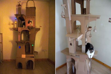 Cardboard cat tower Diy Cathouse, Tree Cardboard, Diy Cat Shelves, Diy Cat Tower, Cat Playhouse, Cardboard Cat House, Cardboard Cat, Build A Wall, Cat Furniture Diy