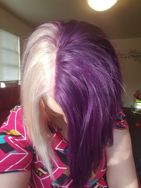 I dyed my hair and it's LOVE! ❤ #splithair #halfandhalfhair #purple #purplehair Blue Hair And Pronouns, Blue Pink Hair, Blue And Pink Hair, Colored Hairstyles, Half And Half Hair, Split Dye, Split Dyed Hair, Dyed Red Hair, Dyed Blonde Hair