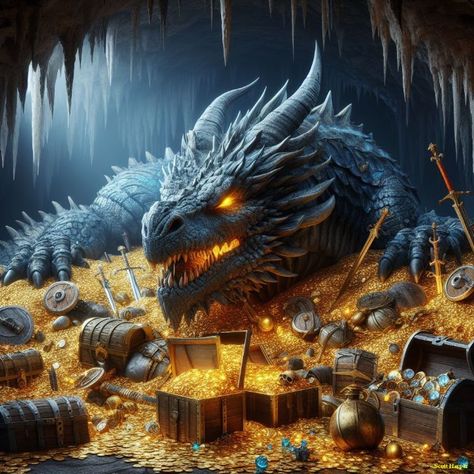 Dragon Treasure Hoard, Dragon Guarding Treasure, Vault Room, Treasure Hoard, Samhain Halloween, Dragon's Lair, Prophetic Art, Winter Cabin, Dragon Eye