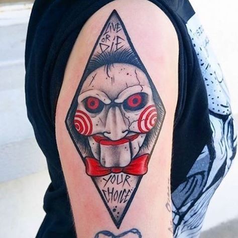 Saw Tattoo, Scary Tattoo Ideas, Jigsaw Tattoo, Film Tattoo, Horror Sleeve, Icon Tattoo, Horror Movie Tattoos, Traditional Tattoo Inspiration, Horror Tattoos