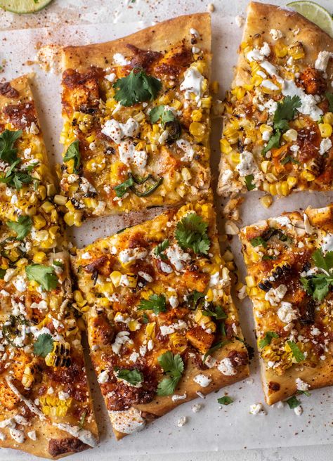 Street Corn Pizza with Chili Lime Chicken Southwest Flatbread, Street Corn Pizza, Chicken Street Corn, Corn Flatbread, Summer Squash Pasta, Corn Pizza, Hot Dog Sandwich, Weekday Lunches, Burger Hot Dog