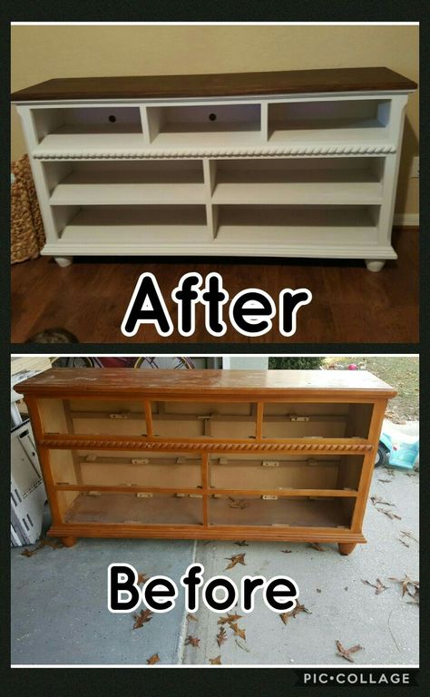 This dresser was thrown out by the road. We added some shelves and new paint to create a gorgeous tv stand. Only cost about $30 total! Refurbished Dresser Tv Stand, Dresser To Shelves Diy, Dresser Turned To Tv Stand, Turn Dresser Into Tv Stand, Retro Painted Dresser, Dresser Converted To Tv Stand, Dresser As A Tv Stand, Painting Tv Stand Ideas, Dresser To Shelves