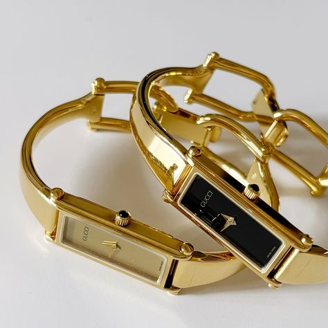 SOLD** Gucci Gold plated bangle watches from the 90s 90s Gucci, Vintage Watches Women, Bangle Watches, Gucci Vintage, Watches Women, Gold Plated Bangles, Inspo Board, August 9, Square Watch