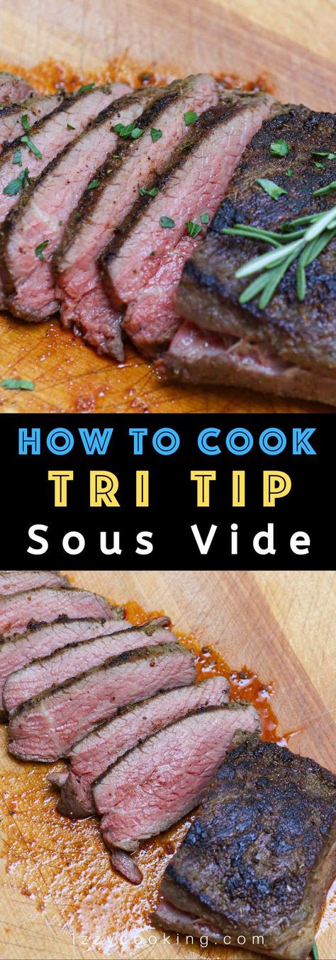 Sous Vide Tri Tip nails the edge-to-edge perfection on this triangle shaped bottom sirloin cut, resulting in amazingly juicy and tender steak. The tri-tip roast is cooked low and slow in sous vide water bath, and then seared quickly in the skillet for a peppery, garlic-y brown crust. #SousVideTriTip #TriTipSouVide #TriTipRecipe Sous Vide Tri Tip, Sous Vide Filet Mignon, Seafood Healthy, New York Strip Steak, Strip Steak Recipe, Sous Vide Steak, New York Strip, Ny Strip Steak, Tenderloin Steak