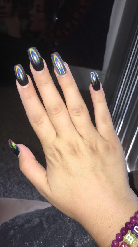 Black Hologram Nails, Black Rave Nails, Black Halo Nails, Black And Holographic Nails, Black Chrome Nails Coffin, Black Holographic Nails Acrylic, Nail Hologram, Black Iridescent Nails, Black Multichrome Nails