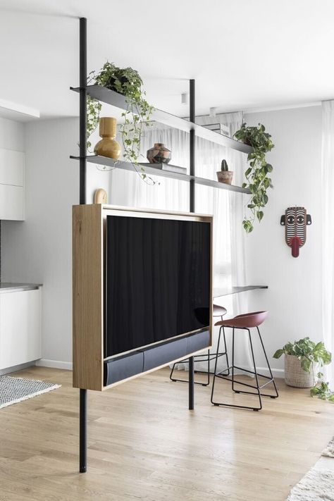 Tv Stand Room Divider, Metal Divider, Bathroom Inspo Interior Design, Living Room Divider, Living Room Decor Inspiration, Counter Design, Studio Living, Divider Wall, Partition Design