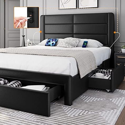 Yaheetech Queen Size Bed Frame with 2 USB Charging Station/Port for Type A&Type C/3 Storage Drawers, Leather Upholstered Platform Bed with Headboard/Solid Wood Slat Support/No Box Spring Needed/Black $299.98 (reg 319.98) w/c0upon!! Price subject t0 change at any time Commissi0ns earned Mesh Drawers, Evening Routines, Bed Base Frame, Queen Size Bed Frame, Underbed Storage, Bed Foundation, Full Size Bed Frame, Large Drawer, Usb Charging Station