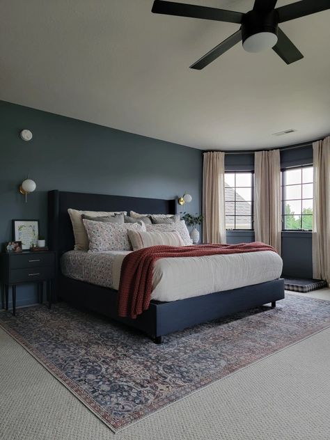 Moody Blue Primary Bedroom Blue Primary Bedroom, Dark Bedroom Inspirations, Cozy Blue Bedroom, Blue Gray Bedroom, Blue Bedroom Walls, Dark Blue Bedrooms, Blue Headboard, Blue Accent Walls, Dark Blue Walls