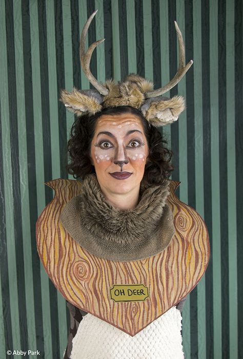 My 2015 Halloween Costume - Taxidermy mounted deer head! Deer Abby. Animal Head Halloween Costumes, Mounted Deer Costume, Halloween Costumes Diy Women's, Mounted Deer Head, Funny Halloween Costumes For Women, Family Themed Halloween Costumes, 2015 Halloween Costumes, Lady Decluttered, Deer Costume