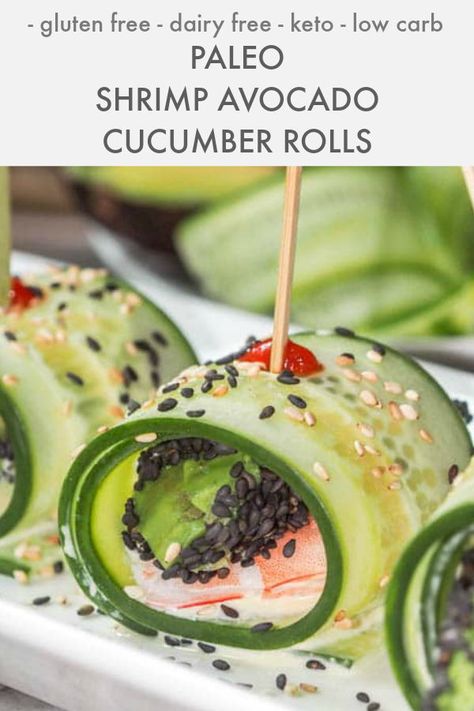 One of my favorite appetizers - shrimp avocado cucumber rolls, a crowd favorite. #Paleo, Gluten Free, Dairy Free, Low Carb, #Keto. #appetizer #shrimp Wasabi Aioli, Salmon Cucumber, Cucumber Sushi, Cucumber Rolls, Asian Appetizers, Blackened Shrimp, Avocado Cucumber, Cucumber Bites, Avocado Pesto