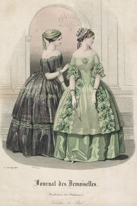 1840s Evening and ball gowns | Byron's muse France Journal, 1840s Fashion, Western Womens Fashion, 1850s Fashion, 1800s Fashion, 19th Century Fashion, History Fashion, Victorian Clothing, Old Fashion