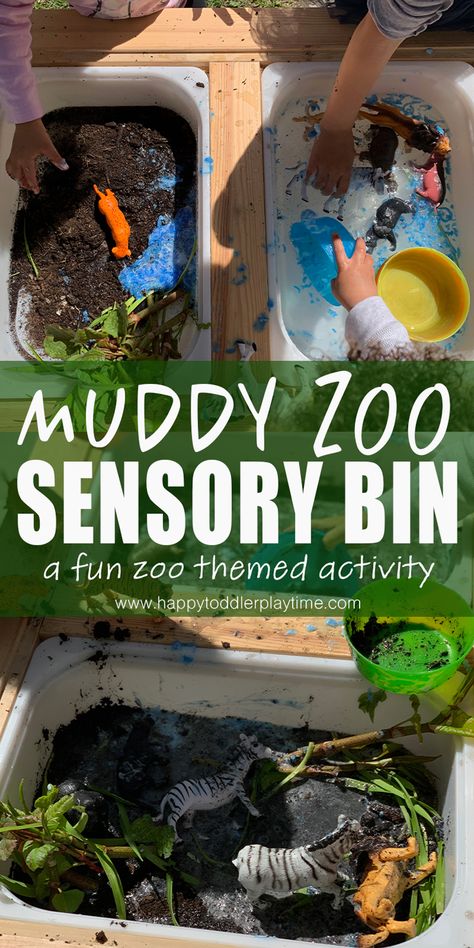 Muddy Zoo Sensory Bin - HAPPY TODDLER PLAYTIME Zoo Sensory Bin, Zoo Sensory, Zoo Lessons, Zoo Animal Activities, Jungle Activities, Zoo Animal Crafts, Zoo Activities, Animal Activities For Kids, Dear Zoo