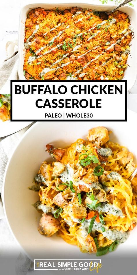 Healthy Baked Buffalo Chicken Casserole Chicken Bell Pepper, Spaghetti Squash Chicken, Buffalo Chicken Spaghetti Squash, Baked Chicken Casserole, Buffalo Chicken Casserole, Baked Buffalo Chicken, Homemade Buffalo Sauce, Healthy Baked Chicken, Whole30 Keto