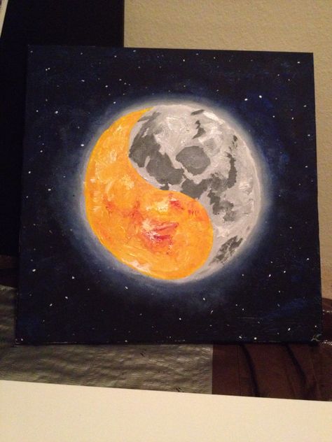 Acrylic on canvas sun and moon yin yang Half And Half Paintings Ideas, Sun And Moon Art Painting, Moon Painting Aesthetic Easy, Sun And Moon Painting Aesthetic, Sun And Moon Project, Acrylic Sun Painting, Half And Half Paintings, Moon And Sun Art Aesthetic, Sun And Moon Paintings