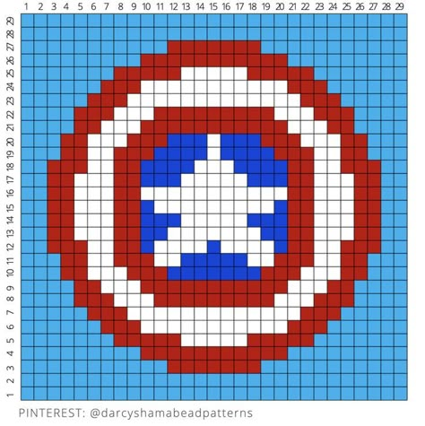 Captain America Shield Pattern #captainamerica #shield #steverogers #vibranium #adamantium #falcon #marvel #avengers #hamabead #perler #pixel #pixelart #pattern #pyssla #fusebeads Shield Pattern, Marvel Cross Stitch, Falcon Marvel, Pixel Quilting, Graffiti Doodles, Easy Pixel Art, Pixel Art Templates, Diy Perler Bead Crafts, Hama Bead