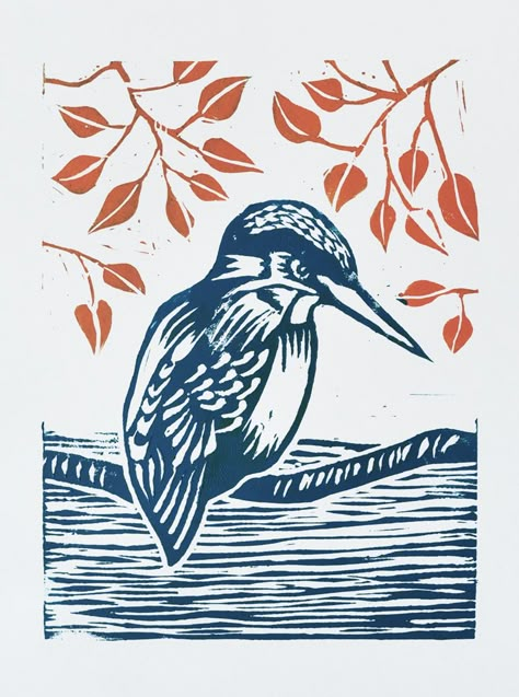 Lino print cut and inked in two colours #Kinfisher #Linocut #LinoPrint #print #ink #kingfisherprint Kingfisher Lino Print, Lino Print Two Colour, Linocut Prints 2 Color, Lino Print Ideas Easy Animal, Lino Print Illustration, Bird Lino Print, Lino Print Ideas Simple, Lino Print Ideas Easy, Linocut Prints Ideas Simple