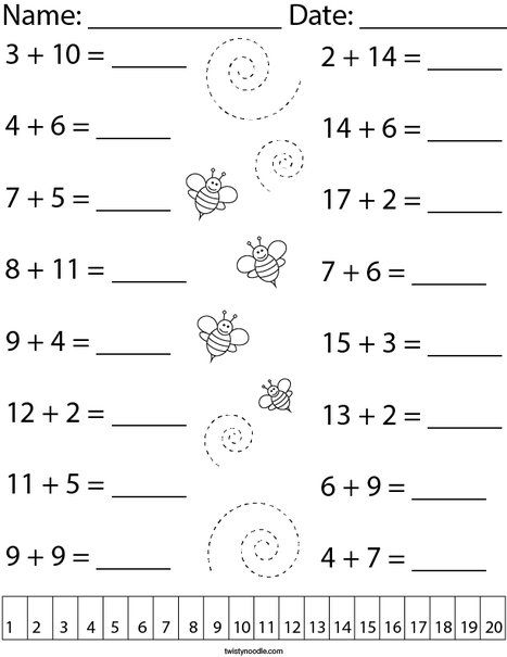 Adding within 20 Math Worksheet - Twisty Noodle Adding Worksheets First Grade, Adding And Subtracting Within 20, Adding To 20 Worksheets, Adding Worksheets, Easy Math Worksheets, Math Fact Worksheets, Math Addition Worksheets, First Grade Math Worksheets, Math Subtraction