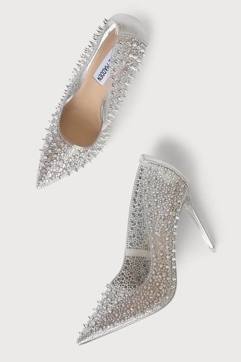 Crystal Pumps, Classic Pumps, Rhinestone Studs, Stiletto Pumps, Clear Vinyl, Clear Rhinestones, Stiletto Heel, All Fashion, Wedding Shoe