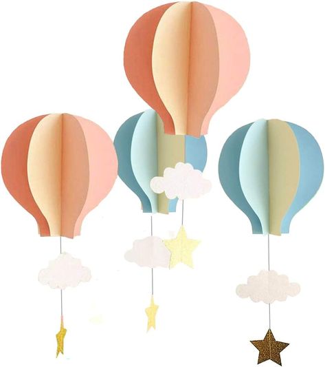 Perfect for gender reveal party, birthday party, or nursery decor. Comes in lots of colors & easy to assemble! #nursery #genderreveal #partydecor #decor #hotairballoon #amazon #ad #affilitate 3d Paper Ornaments, Hanging Paper Decorations, Hot Air Balloon Paper, Paper Clouds, Hanging Clouds, Hot Air Balloon Party, Hot Air Balloon Decorations, Balloon Clouds, Cloud Decoration