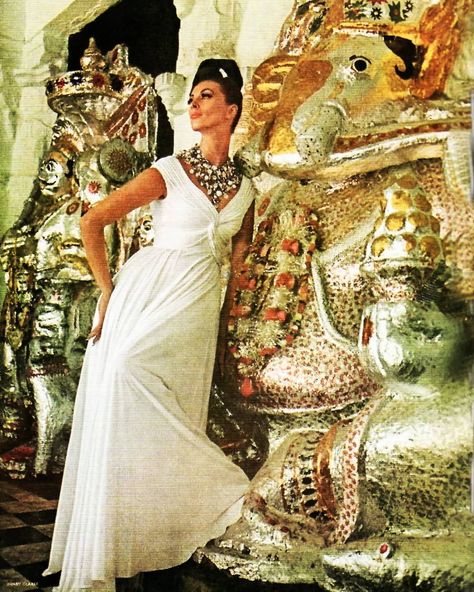 #eveningdress by #malcomstarr #whitejersey #indiantemple #1964s #photographedby #henryclarke Henry Clarke, Fashion In India, The Arabian Nights, 1960's Fashion, Islamic History, Retro Hair, Wilhelmina Models, Oleg Cassini, Fashion Shoots