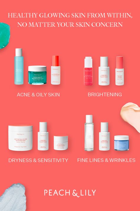 Help Choose the right Peach & Lily Skincare Products For Your Skin Concern! Acne & Oily Skin: Good Acids Pore Toner, Super Reboot Mark, Pure Peach Retinoic Eye Cream; Brightening: TransparenC, Glass Skin Serum, Pure Peach Retinoic Eye Cream; Dryness & Sensitivity: Lazy Day Pads, Glass Skin Serum, Matcha Pudding Cream; Fine Lines & Wrinkles: Wild Dew Essence, Glass Skin Serum, Overnight Star Peach And Lily Skin Care Routine, Peach And Lily Skincare, Peach And Lily Skin Care, Glass Skin Products, Skincare Design, Luxury Skincare Brands, Peach Lily, Korean Glass Skin, Routine Aesthetic