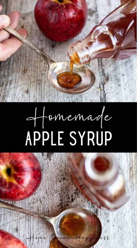 Delicious and sticky homemade apple syrup. This is a great way to preserve excess apples. That’s really all that’s in here! Pure apples. They are juiced and simmered down until a lot of the water has evaporated. What’s left is sticky concentrated, sweet apple syrup that’s a healthy alternative to refined sugar. Apple Syrup Recipe Canning, Apple Syrup Recipe, How To Make Syrup, How To Store Apples, Apple Syrup, Preserved Food, Recipe Using Apples, Homemade Waffles, Fruit Juicer