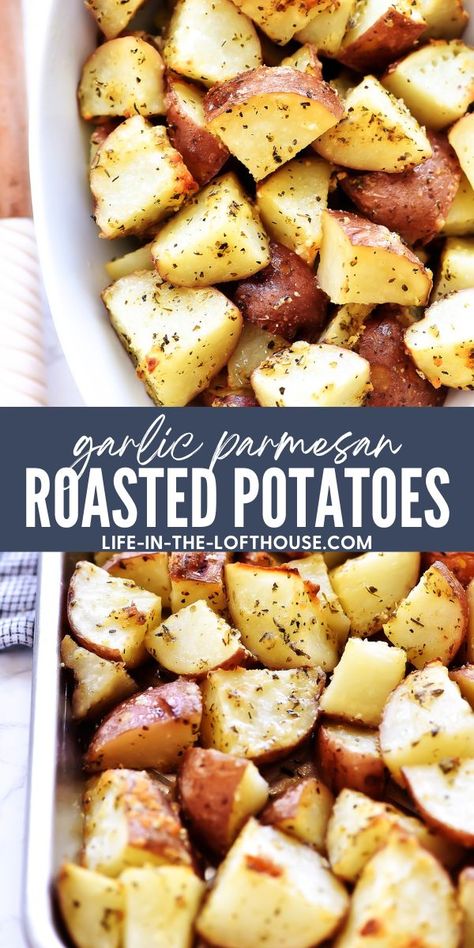 These Garlic Parmesan Roasted Potatoes are going to be a side dish you won't forget! The garlic and Parmesan cheese packs flavor in every bite! Mini Roasted Potatoes In Oven, Garlic Potato Recipes, Healthy Potato Side Dishes, Quick Potato Side Dishes, Garlic Recipes Healthy, Side Dishes Potato, Parmesan Garlic Potatoes, Roasted Garlic Parmesan Potatoes, Roasted Potatoes In Oven