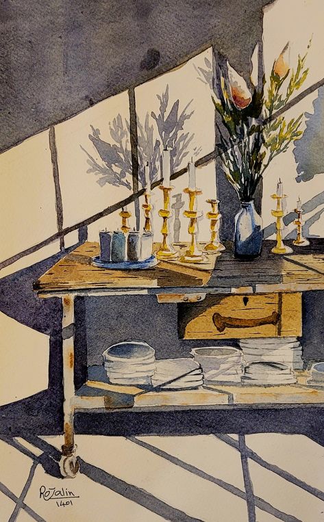 Light And Shadow Watercolor, Painting Light And Shadow, Light And Shadow Painting, Table Sketch, Watercolor Light, Shadow Painting, Table Candle, Watercolour Ideas, Shadow Drawing