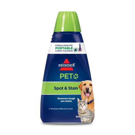 BISSELL® PET Spot and Stain formula is made for portable carpet cleaners. This powerful formula tackles tough pet messes that happen on your carpet and upholstery, including urine, vomit and blood. It also removes tracked-in dirt and strong odors from pet accidents on upholstery, carpeted stairs and other high traffic areas. Plus, when you use it as directed, it's safe to use around kids and pets since it does not contain any heavy metals, phosphates or dyes. In fact, the ingredients in this for Bissell Pet Carpet Cleaner, Remove Pet Stains, Portable Carpet Cleaner, Carpet And Upholstery Cleaner, Spotted Animals, Carpet Shampoo, Pet Stains, Cleaning Chemicals, Steam Cleaners