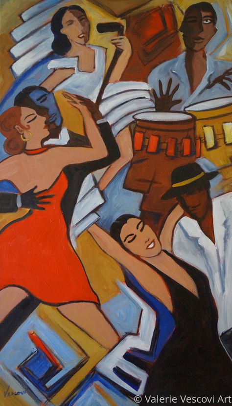 "The Nightclub" (Original art by https://valvescoviart.com) Salsa Class Aesthetic, Salsa Aesthetic Dance, Jazz Club Painting, Afro Music Aesthetic, Salsa Aesthetic, Latin Club, Mural Art Ideas, Club Painting, Ernie Barnes