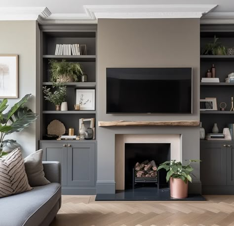 TV on wall living room ideas Living Room Ideas With Alcoves, Victorian Living Room Tv Ideas, Chimney Tv Decor Living Room, Grey Snug Room Ideas, Front Room Colours, Victorian Living Room Shelves, Snug Tv Wall, Chimney Alcove Ideas Living Room, Small Tv Snug