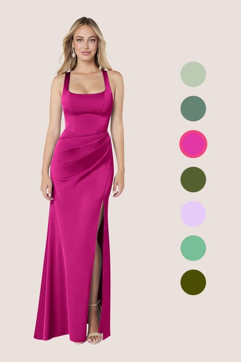 Mero is our stunning bridesmaid dress crafted from stretch satin. She features a square neckline paired with straps leading to a keyhole back. The look is complete with a pleated floor length sheath skirt. Magenta Bridesmaids Dresses, Fuschia Dress Bridesmaid, Fuschia Color, Dark Magenta Bridesmaid Dress, Bridesmaid Dresses Fuschia, Bridesmaid Dresses Fuschia Magenta, Fuscia Pink Satin Dress, Viva Magenta Bridesmaid Dress, Raspberry Bridesmaid Dresses