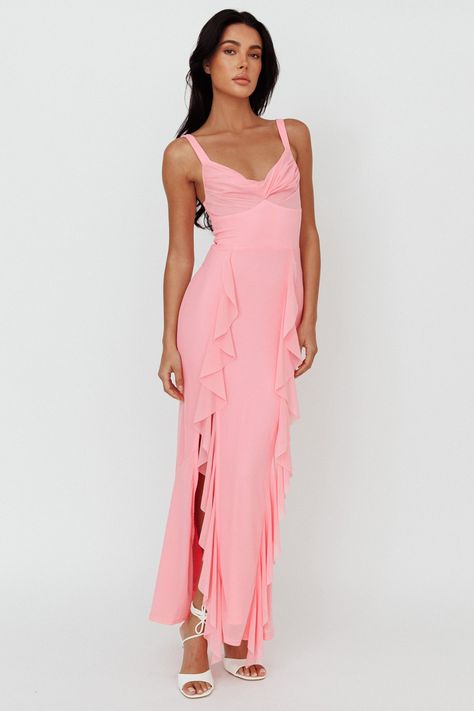 Shop the Hollianna Ruffle Trim Split Maxi Dress Blush | Selfie Leslie Blush Maxi Dress, Pink Ruffle Dress, Selfie Leslie, Yellow Bridesmaids, Cascading Ruffles, Split Maxi Dress, Ruffled Dress, Rose Pastel, Elegant Saree