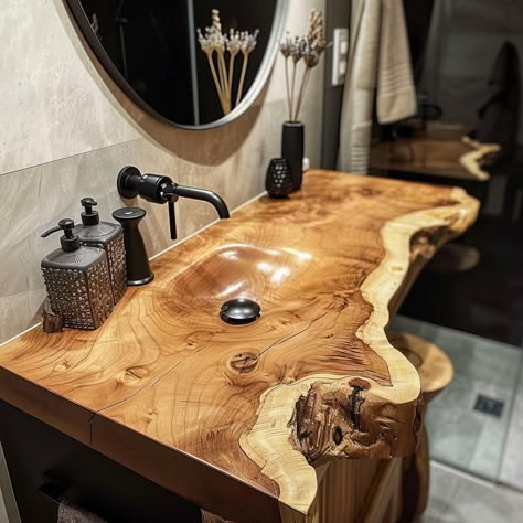 13 Organic Modern Bathroom Ideas for a Tranquil Retreat - DreamyHomeStyle Diy Log Furniture Ideas, Live Edge Bathroom Counter, Wooden Bathroom Ideas, Live Edge Bathroom Vanity, Live Edge Bathroom, Live Edge Vanity, Modern Organic Bathroom, Modern Organic Decor, Wooden Sink