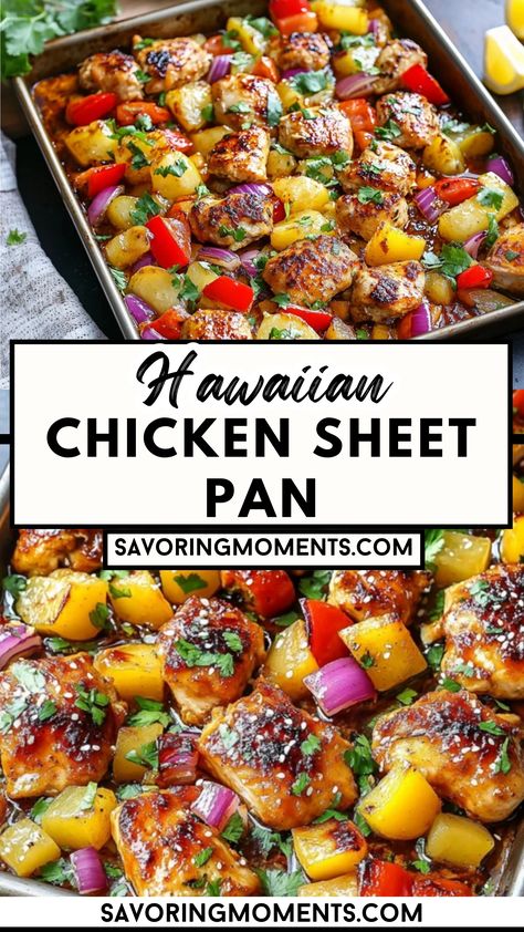 Enjoy the perfect balance of sweet pineapple and savory chicken in this Hawaiian-inspired sheet pan recipe. A quick and healthy dinner idea the whole family will love! Your next favorite meal is just a click away #sheetpandinner #tropicalrecipes #pineapplechicken #easydinners #familymeals #healthyrecipes #quickdinnerideas #onepanrecipes #weeknightmeals One Pan Sheet Dinners Chicken, Easy Sheet Pan Dinners For Family, Chicken Thigh Recipes Sheetpan, Sheet Pan Dinner For Two, Health Sheet Pan Dinners, Chicken Pan Recipes Easy Dinners, Hawaiian Roasted Vegetables, Vegetable Sheet Pan Dinners, Sheet Pan Chicken And Pineapple