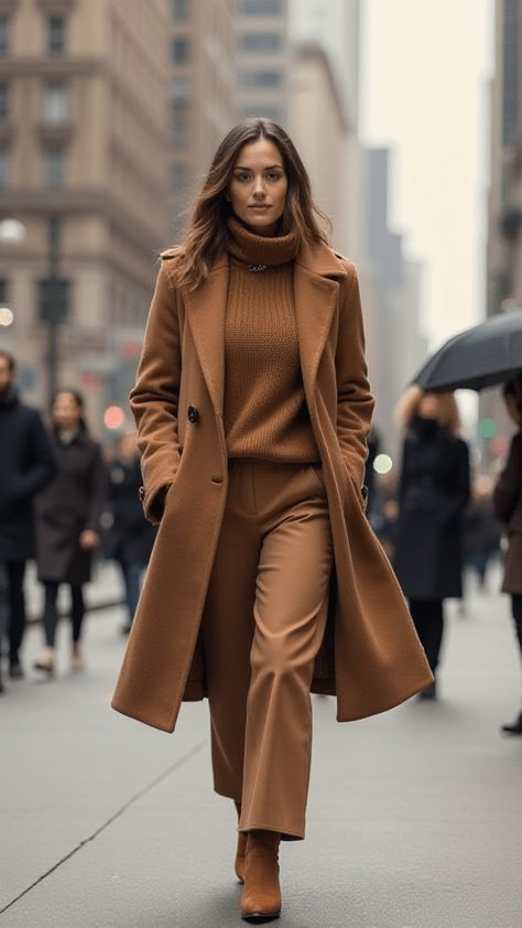 Woman in monochrome camel outfit in NYC Winter Minimalist Outfit, New York Winter Outfits, Jogger Pants Outfit Women, Pea Coat Women, Brown Coat Outfit, Stylish Jeans Outfit, New York Winter Outfit, Camel Outfit, Camel Coat Outfit