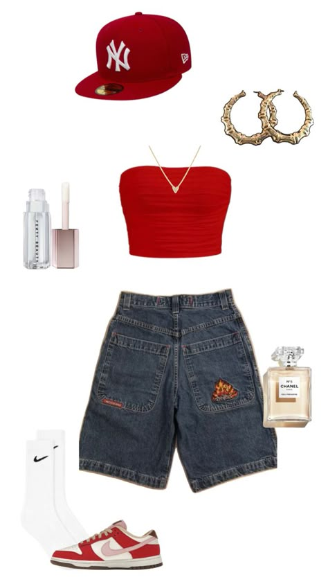 Jorts, red tube top, red jordan dunks, gold hoops, gold necklace, red ny hat. Bruno Mars Outfit Style, Outfits With Red Dunks, Red Concert Outfit Ideas, Bruno Mars Inspired Outfit Women, Bruno Mars Outfit Ideas, Bruno Mars Concert Outfit Ideas, Red Tube Top Outfit, Bruno Mars Concert Outfit, Bruno Mars Style