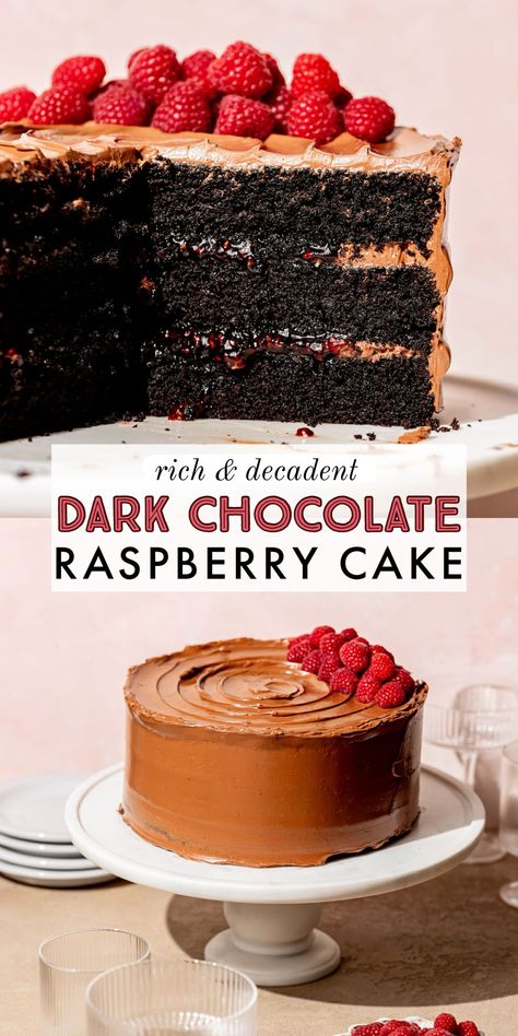 Indulge in this dark chocolate raspberry cake for a special occasion! Between each layer of moist chocolate cake is a sweet raspberry preserve filling. It's decorated with a dreamy dark chocolate French buttercream that tastes incredibly rich, without being overly sweet, and glides on the cake like silk, yet is sturdy enough for three layers. And for the finishing touches: a generous amount of fresh raspberries for the ultimate chocolate + raspberry combo! Dark Chocolate And Raspberry Cake, Dark Chocolate Raspberry Cake, Cadbury Cupcakes, Chocolate Raspberry Ganache Cake, Chocolate Cake With Strawberry Filling, Chocolate Cake With Raspberry Filling, Cheesecake Milkshake, Brownie Muffin, Caramel Milkshake