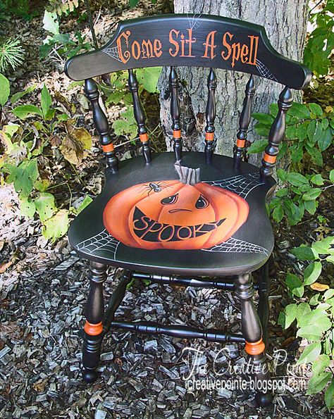 I love taking old chairs and turning them into fun and unique decorating accents.  Almost like magic, this chair, which was once boring a... Halloween Chairs, Pumpkin Painted, Hand Painted Chairs, Halloween Furniture, Whimsical Painted Furniture, Painted Chair, Adornos Halloween, Money Makers, Manualidades Halloween