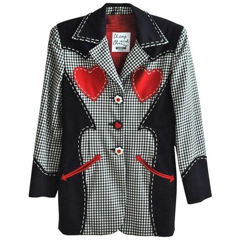 Funky Jacket, Heart Jacket, Franco Moschino, Checkered Blazer, Designer Jacket, Handmade Knives, Italian Designer, Red Hearts, Black White Red