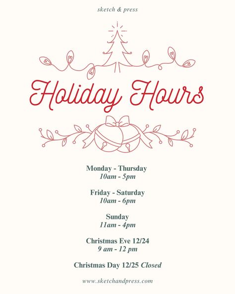 We’re making holiday shopping a breeze this season! Starting now until Christmas, we’ll be open every single day with extended hours on Fridays & Saturdays to fit your busy holiday schedules 😍 Plus, we’re offering FREE in-store gift wrapping on Fridays, Saturdays, & Sundays—let us help you check wrapping off your to-do list! 🎀 The holidays are a magical time, and we’re here to make your experience joyful, easy, and oh-so-merry! See you in the shop soon! ✨ #HolidayShopping #GiftLocal #Sket... Shop Sketch, Holiday Schedule, Holiday Hours, Holiday Shopping, Every Single Day, Singles Day, To Do, Christmas Eve, To Do List