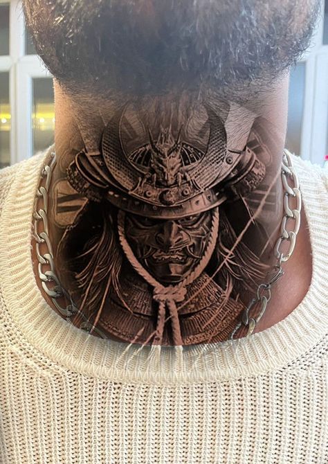 Samurai Throat Tattoo, Neck Tattoo Filler Ideas, Samurai Neck Tattoo, Throat Tattoo Men Design, Neck And Throat Tattoos Men, Neck Tattoos For Men, Flower Neck Tattoo, Baroque Tattoo, Front Neck Tattoo