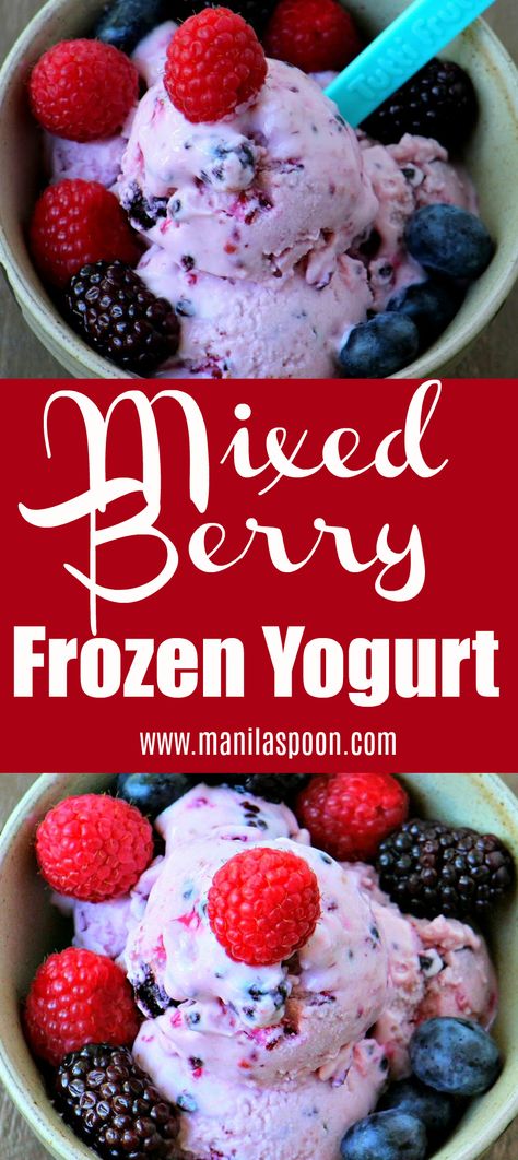 Loaded with fruits and made with greek yogurt and has less sugar, too this is summer's guilt-free treat! Easy to make, this delicious and healthy frozen Mixed Berry Frozen Yogurt is perfect for the entire family! Morning Treats, Key Lime Pie Easy, Lemon Juice Uses, Frozen Yogurt Recipes, Berry Yogurt, Frozen Yogurt Shop, Tasty Desserts, Homemade Ice Cream Recipes, Less Sugar