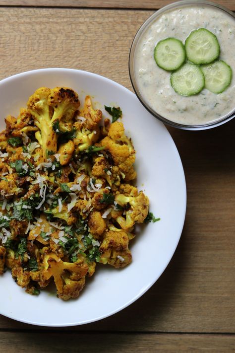 Tamarind Curried Cauliflower + Cucumber Raita | Pinki's  Palate Diwali Dinner, Tamarind Recipes, Curried Cauliflower, Vegan Recepies, Cucumber Raita, Filling Lunch, Cauliflower Curry, Indian Recipe, Cauliflower Recipes