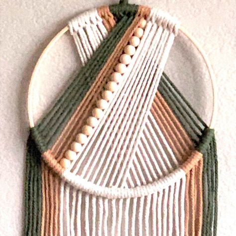 This Handcrafted Wall Hanging Would Look Nice In Various Rooms And With Different Dcor Schemes (Traditional, Country/Rustic, Contemporary, Boho, Etc.)! Very Attractive Woven Design Made Of Cotton In Colors Of Sage Green, Beige And Tan. A Row Of Natural Wooden Beads Adds Extra Depth And Appeal. * Entire Hanging Measures Approx. 29 1/2"L X 8"W * Without Hanging Loop (Which Measures 5 1/2" Long) The Piece Is 24"L * Natural Wood Hoop Is 8" Diameter * Brand New Questions And Offers Always Welcome - T Wood Bead Wall Art, Homemade Macrame Wall Hangings, Sage Green Boho Room, Macrame With Yarn, Calming Hobbies, Autumn Macrame, Macrame With Beads, Simple Macrame Wall Hanging, Sage Green Accents